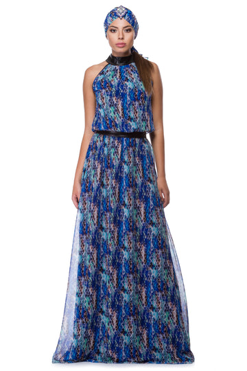 Blue chiffon dress with snake print WDR-0006